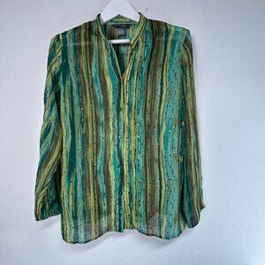 Koret Womens Petite Large Green Striped Rhinestone Button-Up Shirt Long Sleeve